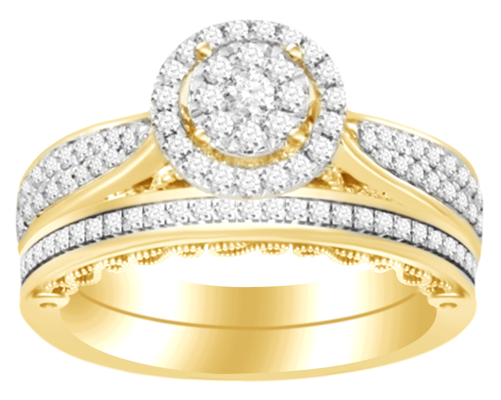 AFFY Rounded Cluster Engagement Bridal Ring Set In 14K Solid Yellow Gold (0.65 Cttw) White Diamond
