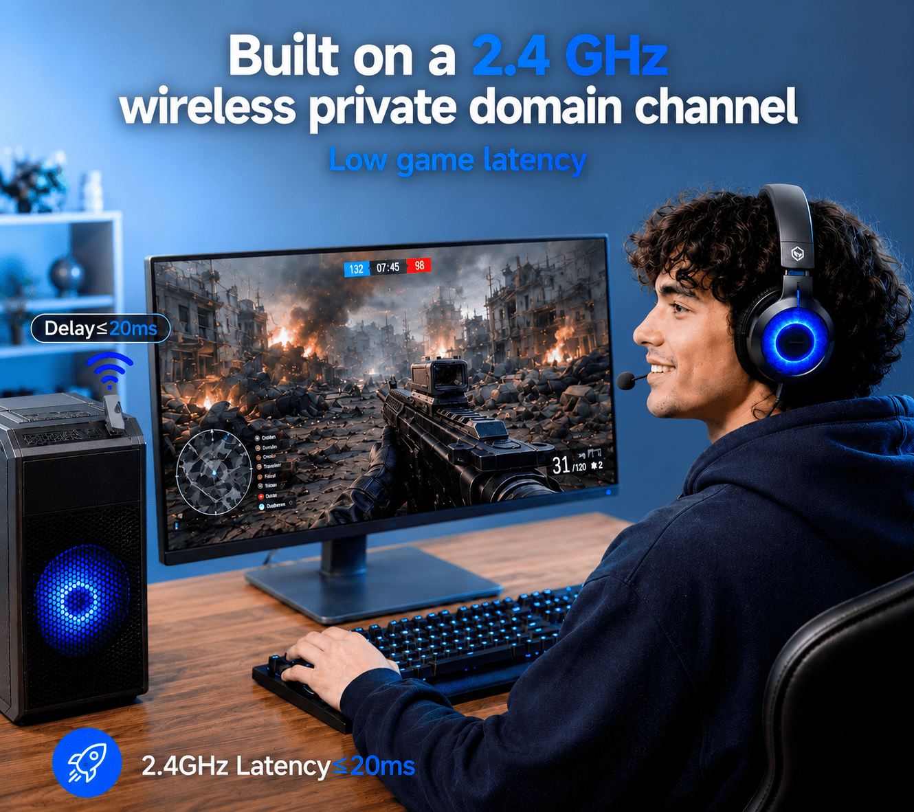 JARNHNG 2.4GHz Wireless Gaming Headset for PS5/PS4/PC/Switch, Bluetooth 5.4, Noise-Canceling Mic, RGB Lighting, 35H Playtime, Foldable, Black
