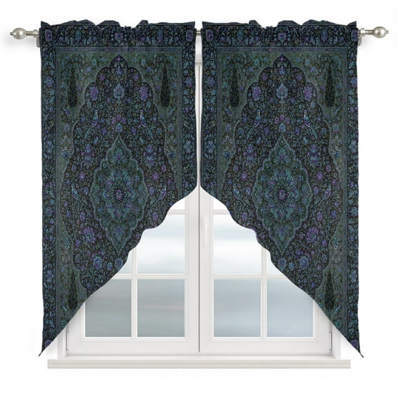 Navy Blue Boho Swag Valances for Windows, Kitchen Window Curtains Over Sink, Retro Ethnic Tribe Abstract Art Window Treatment Curtains for Living Room/Bedroom Curtains 2 Panel Sets 36"x45"