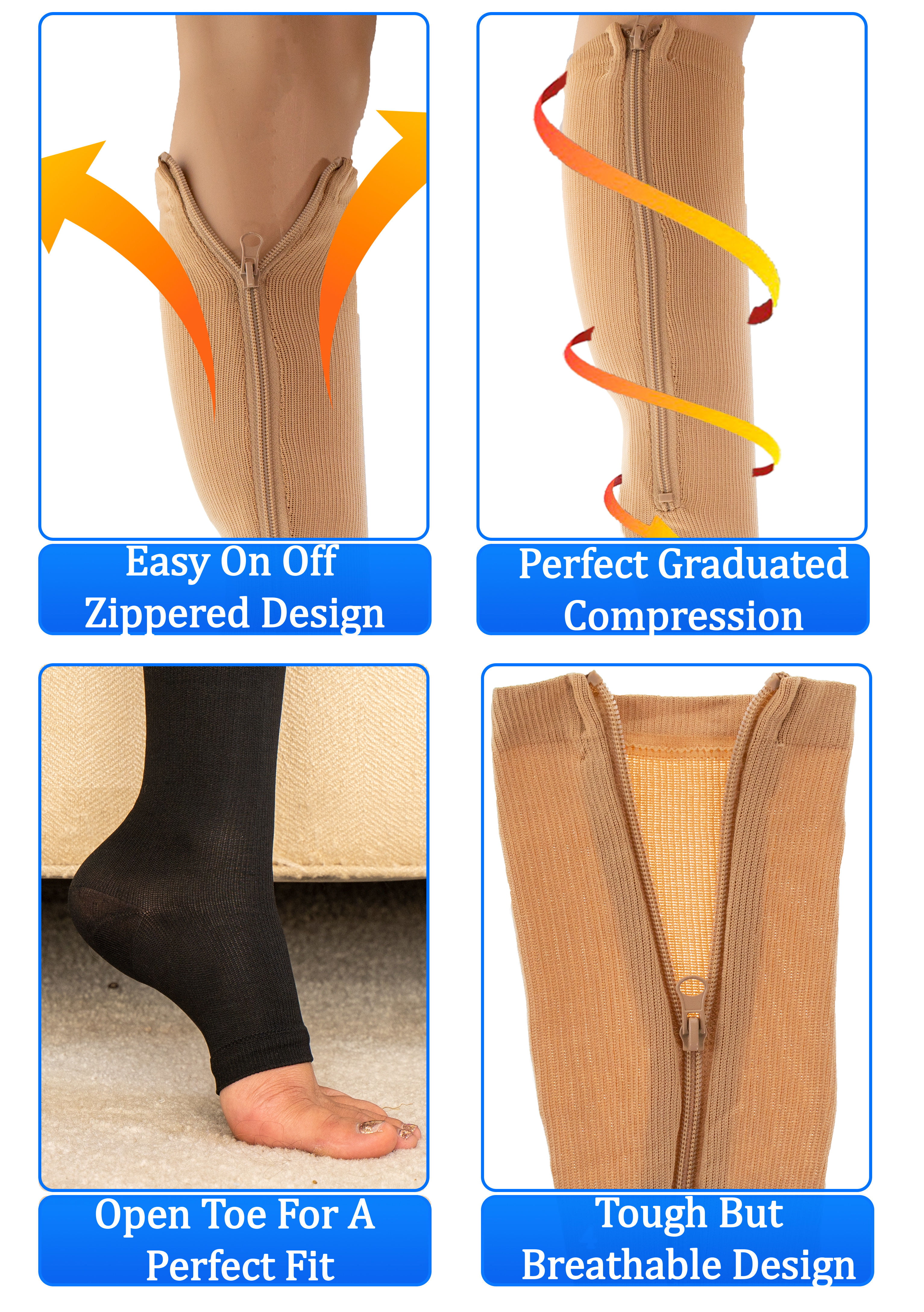 Zipper Compression Socks - Open Toe Knee High Graduated Pressure Support  Hose for Improved Leg Circulation - Unisex - Nude Regular Size - 5 Star  Super Deals (2 Pairs) 