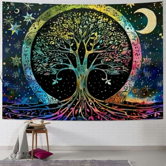 Fenyluxe  Tree of Life Tapestry Yin and Yang Sun Moon Star Tapestries Galaxy Space Tapestry Mandala Wall Tapestry Aesthetic Tapestry for Room Decor (Colorful) 40x30inch