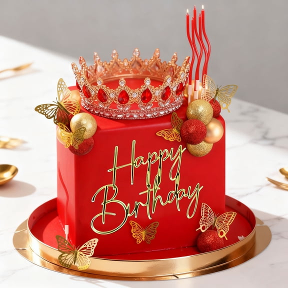 Royal Birthday Cake Decorations Set - Elegant Red Gold Crown & Ornaments for Celebration Parties