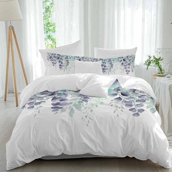 3 Piece Teal Purple Botanical Duvet Cover Set Twin Size,Microfiber Comforter/Quilt Cover with Corner Ties and 2 Pillowcases,Eucalyptus Leaves Watercolor Spring All Season Bedding with Zipper Closure