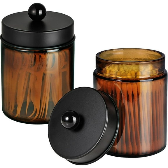 Amber Glass Qtip Holder, Apothecary Jars with Matte Black Metal Lid & Stickers-Bathroom Qtip Dispenser Storage Organizer Set,Vanity Counter Canister for Cotton Swabs,Round Pads,Floss (2 Pack)