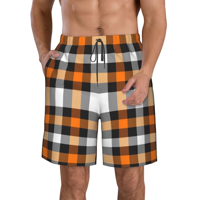 Fotbe Orange Plaid Trajes de Baño Estampados para Hombre, Shorts de Verano de Secado Rápido, Ropa de Playa, Bañadores-3X-Large