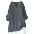 thumbnail image 4 of Olyvenn Summer Tops for Women 2025 Trendy Long Sleeve Cotton Linen Shirt Casual Button Down V Neck Tunic Gauze Blouses Dark Gray L, 4 of 7