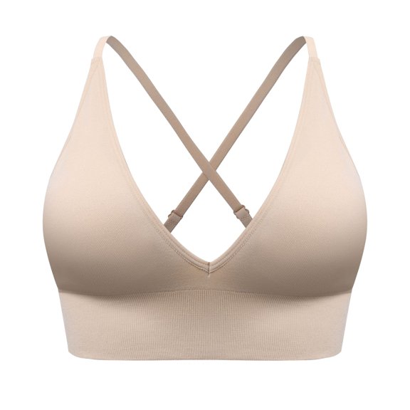 VISALY Women's Convertible Cross Back Sports Bra Deep V-Neck Longline Seamless Padded Yoga Bra Adjustable Straps Workout Running Fitness Athletic Bralette Workout Crop T-Shirts Bras Vest Beige L