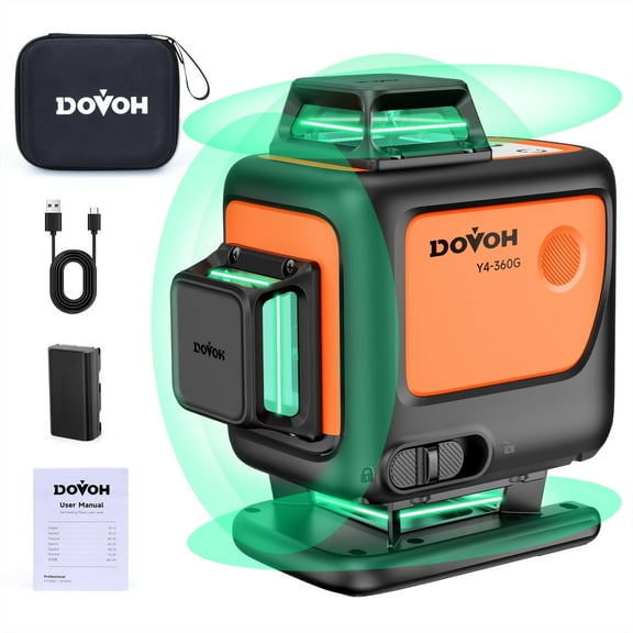 DOVOH Green Self-Leveling Laser Level 16 Lines 360° 4D, Rechargeable Type C Receiver Compatible, Y4-360G
