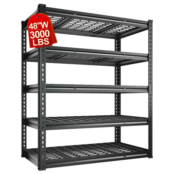 Exenoray 3000lbs Garage Shelving Unit, 24.1"D x 48.2"W x 72.2"H Adjustable 5-Tier Heavy Duty Shelf Rack for Garage, Pantry, Warehouse, Kitchen Black