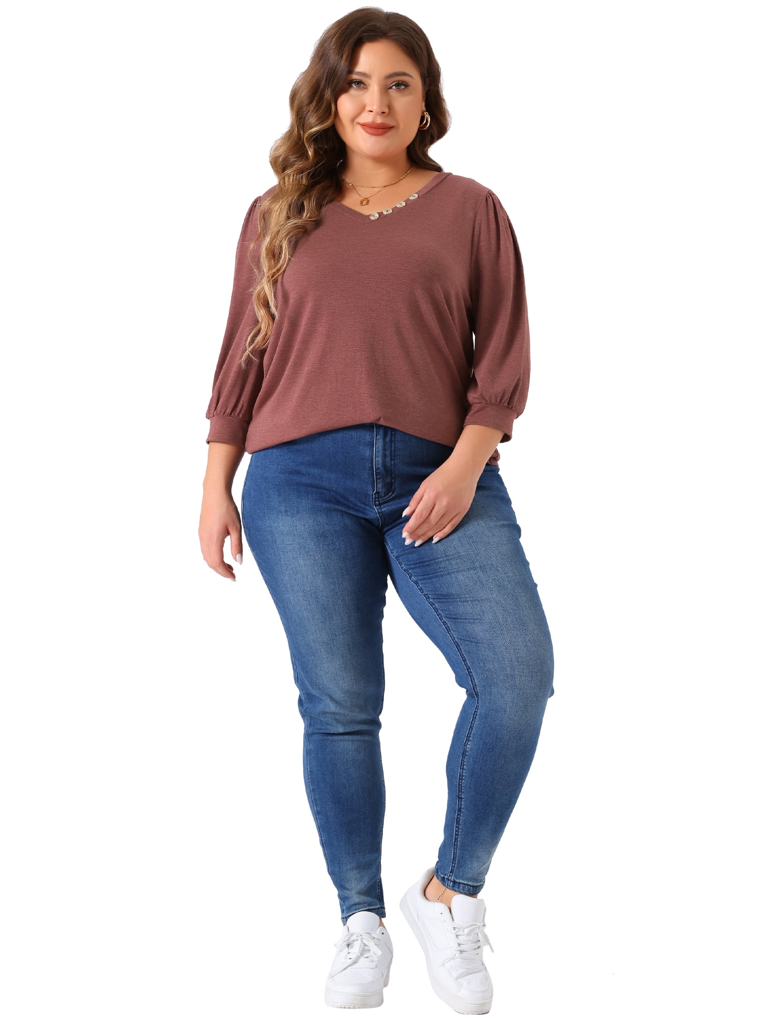 Women's Plus Top 3/4 Sleeve V Neck Button Decor Casual Solid Tees Shirts 1X Burgundy