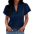 thumbnail image 7 of CQONEPT Womens Summer Satin Blouses V Neck Dressy Casual Shirts Ruffle Cap Sleeve Business Work Spring Tops Navy XL, 7 of 7