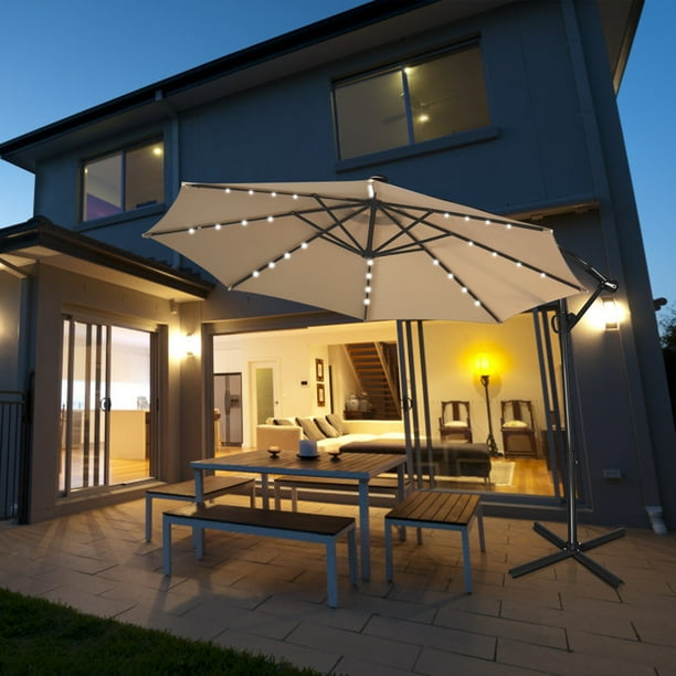 costway 10ft patio umbrella solar powered led 360degrees rotation beige 10 ft Cantilever with 32 Lights and 220 LBS Base-Dark Blue day shade Costway 10 FT Solar LED