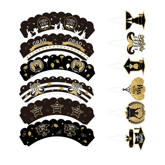 Graduation Cupcake Liners & Toppers - 6-Piece Glitter Commencement Party Decor Set with "GRAD" Caps/Stars, 8.9x3.2in Plastic Cake Decorations (Black)​