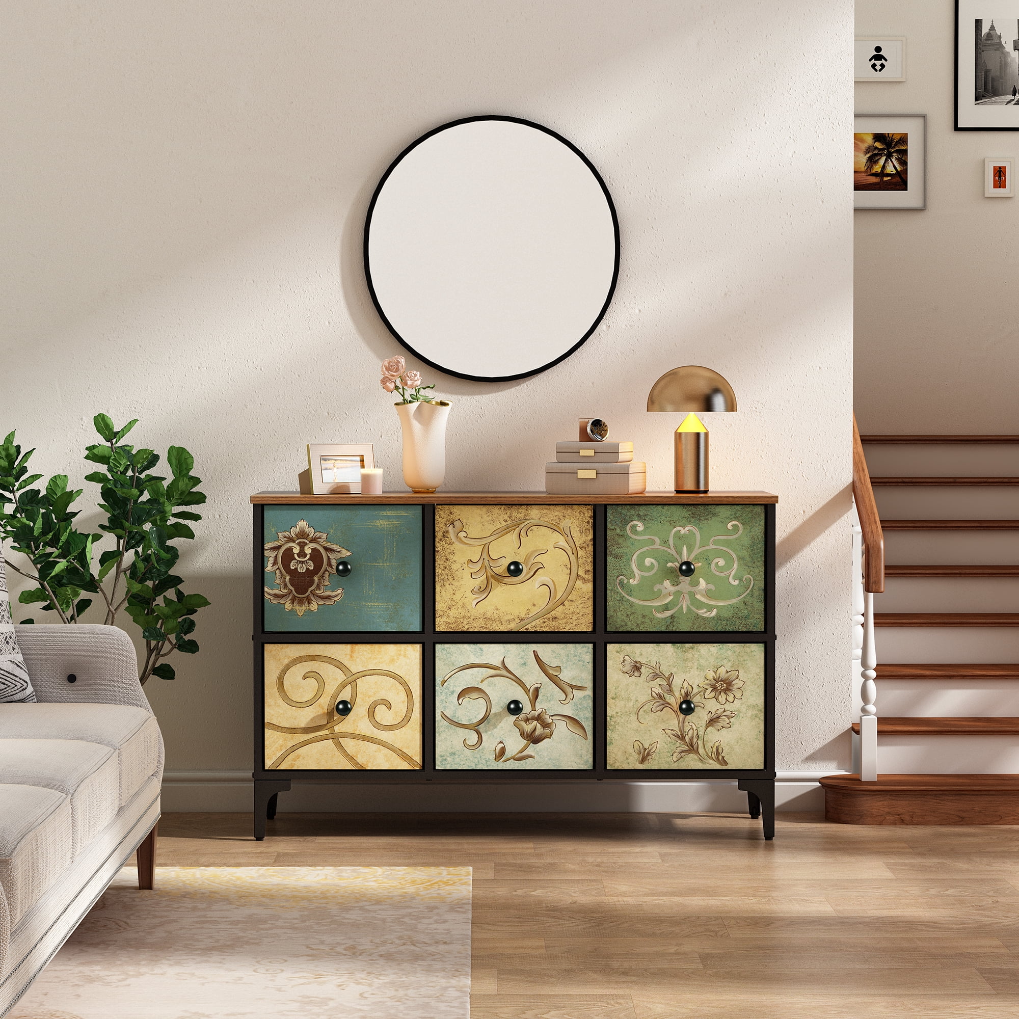Dresser TV Stand for Bedroom, Wide Dresser with 6 Drawers, Console Table Chest of Drawers Fabric Dressers for Kids, Living Room, Closet, Entryway,Sturdy Steel Frame and Wooden Top