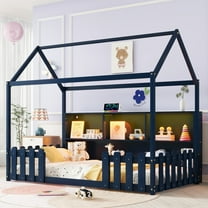 Newest Twin House Bed Navy Blue,LED Light & Storage Bookshelf, Playhouse Design with Guardrails for Bedroom