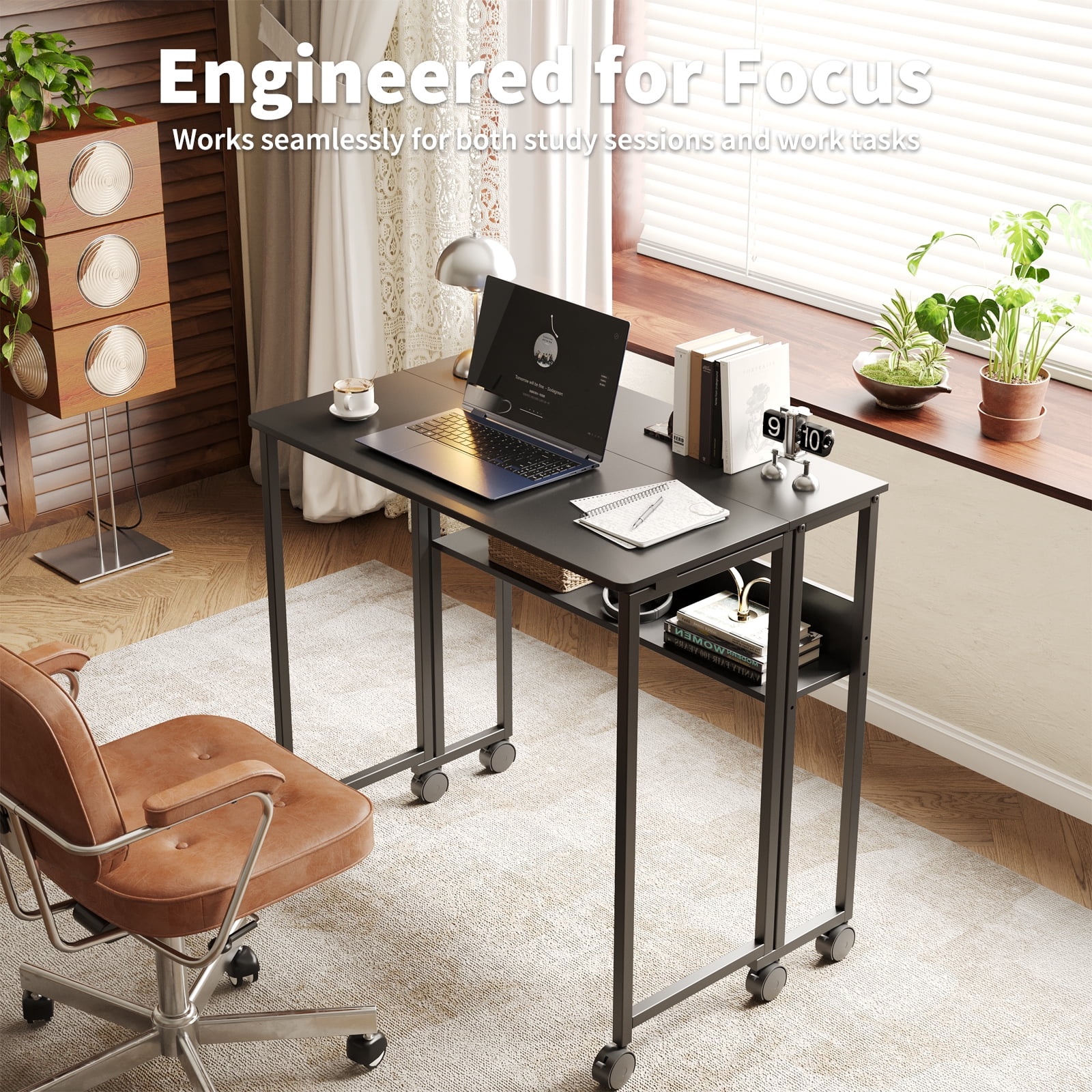 Folding Desk Small Rolling Desk with Storage Shelf,24.8 inch Foldable Computer Desk with Wheels, for Small Spaces, Home Office, Study, Easy Assembly