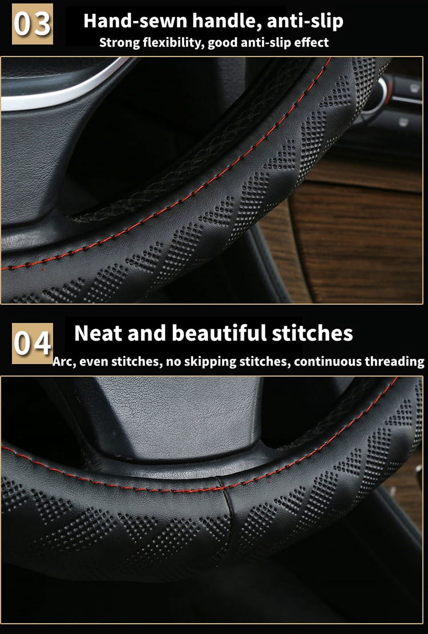 15'' Black Steering Wheel Cover Genuine Leather Non-slip Vehicle Accessories
