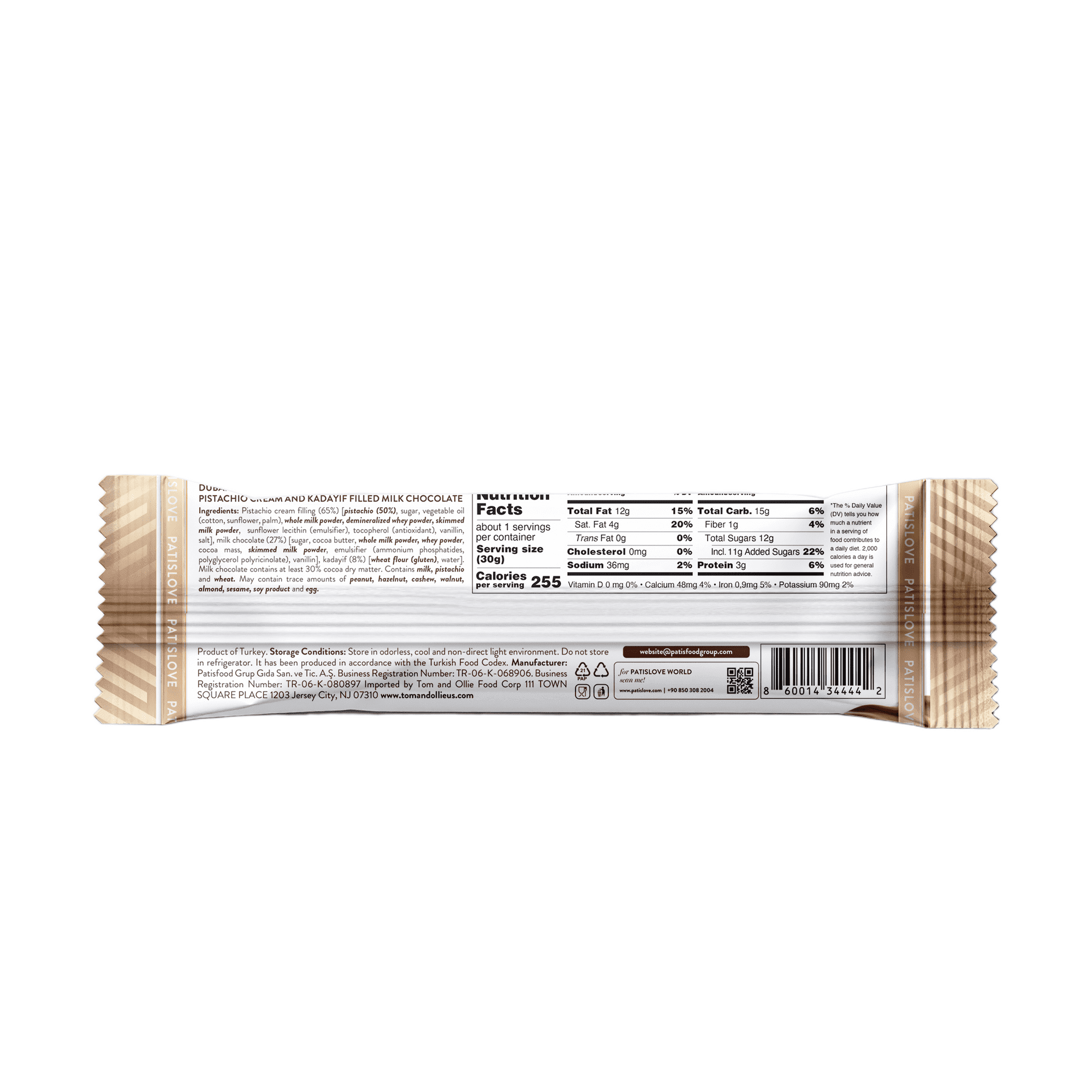 Patislove Dubai Style Milk Chocolate Bar with Pistachio Cream and Crispy Kadayif, 1.06 oz