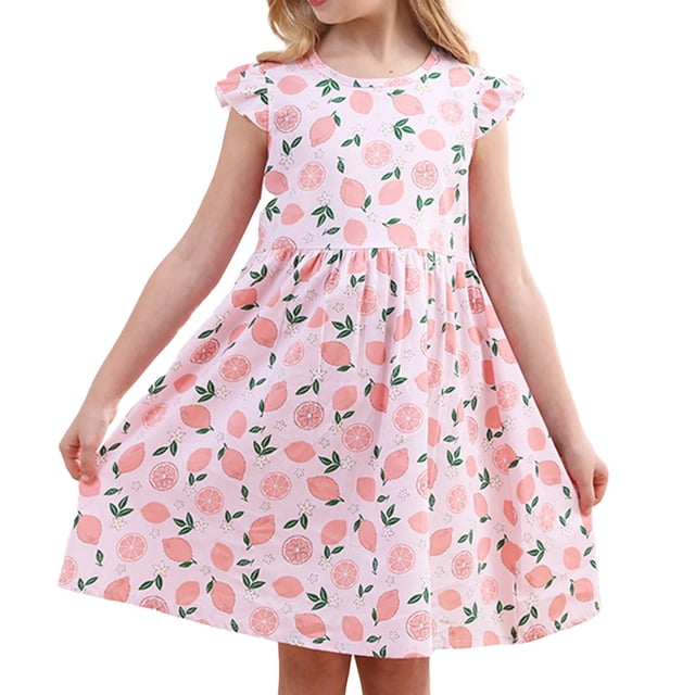 vdgthytj Robes d'Été pour Filles Tout-Petits Imprimé Floral Manches Volantes Robe de Plage Ligne A pour Enfants 2-10 Ans