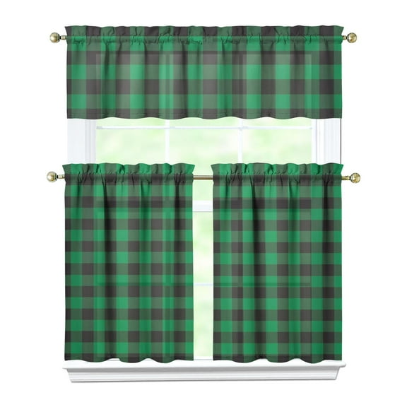 Vintage Checkered Kitchen Curtains Set of 3 - Abstract Plaid Tier & Valance, Short Rod Pocket Curtains for Small Windows