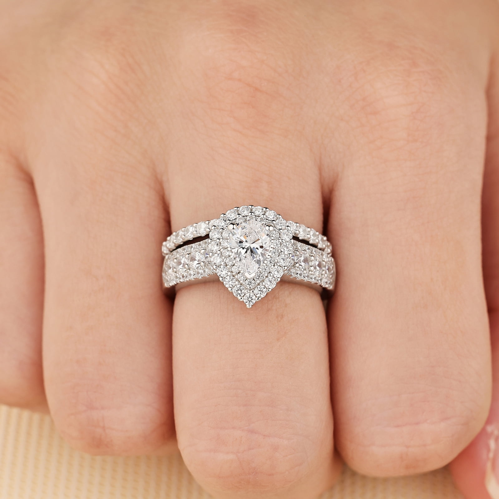 Newshe Jewellery 2 Ct Moissanite Bridal Ring Sets Double Halo Pear Cut Engagement Promise Rings for Women Size 8