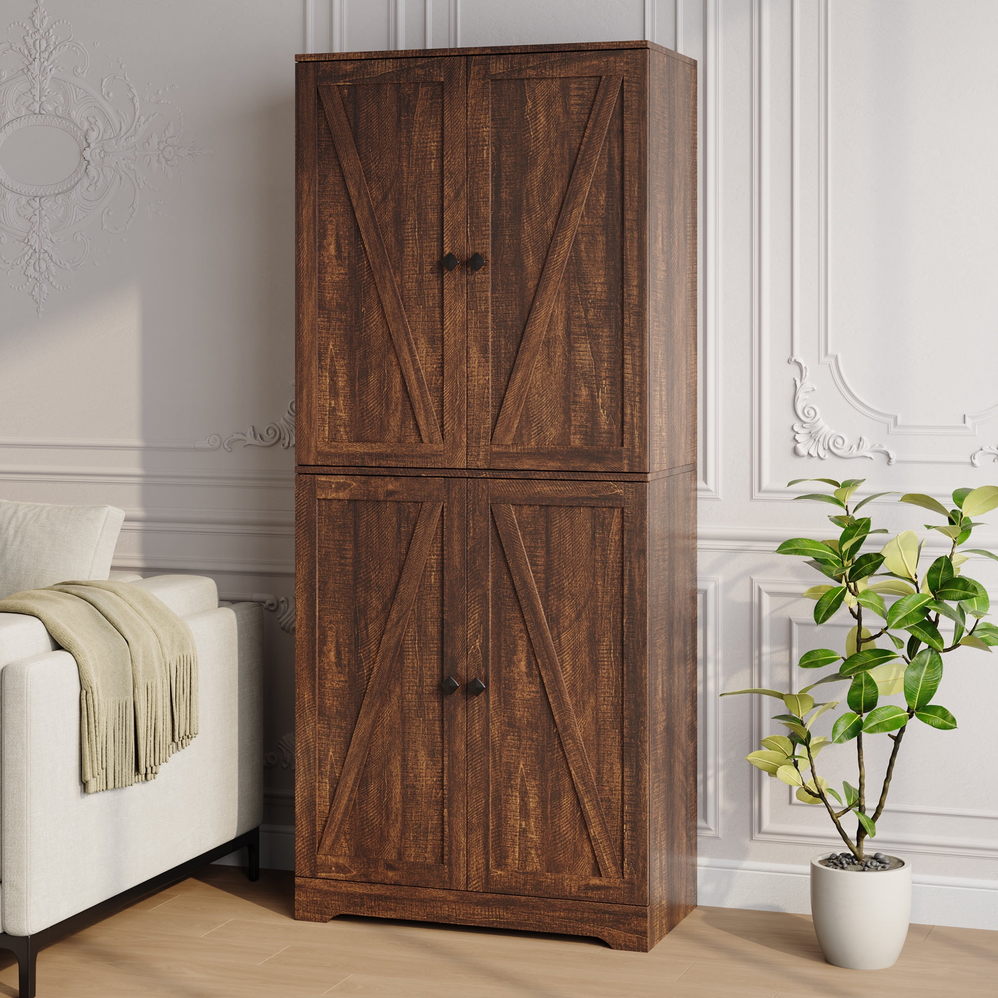 YouTrend 72'' Farmhouse Kitchen Pantry Cabinet with 4 Barn Doors,Storage Cabinet W/ 4 Shelves for Living Room,Kitchen,Bathroom,Brown