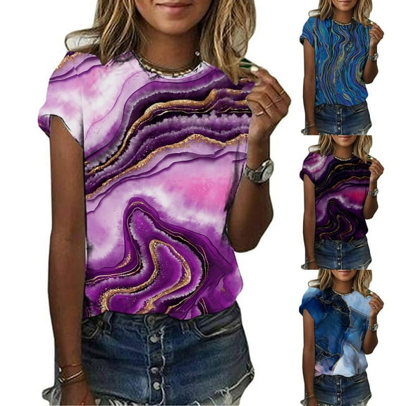 Fesfesfes Womens Short Sleeve Tops Fashion Women Summer Loose Print Round-Neck T-Shirt Short Sleeve Casual Blouse Womens Undershirts M(US:6)