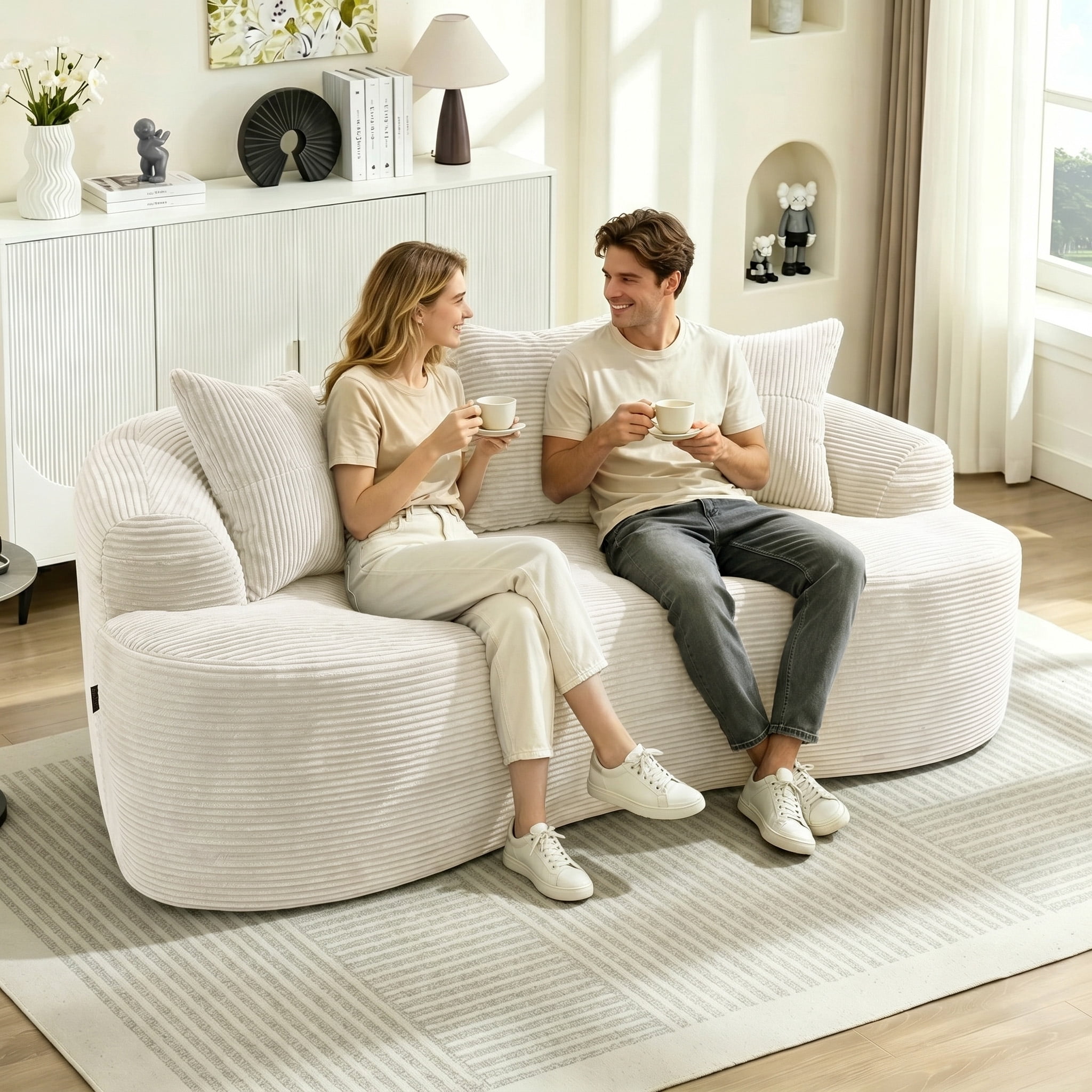 Timbernest 65" Curved Loveseat, Corduroy Boneless Cloud Couch, Small Space Sofa for Living Room, Apartment, Beige