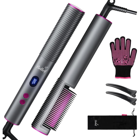 Hair Straightener Brush, 9 Temp Settings with LED Display, 30s Fast Heating for Sleek & Smooth Hair, Dual Voltage Travel Hot Comb with 3D Brush Teeth, Portable Hair Styling Tool for Women