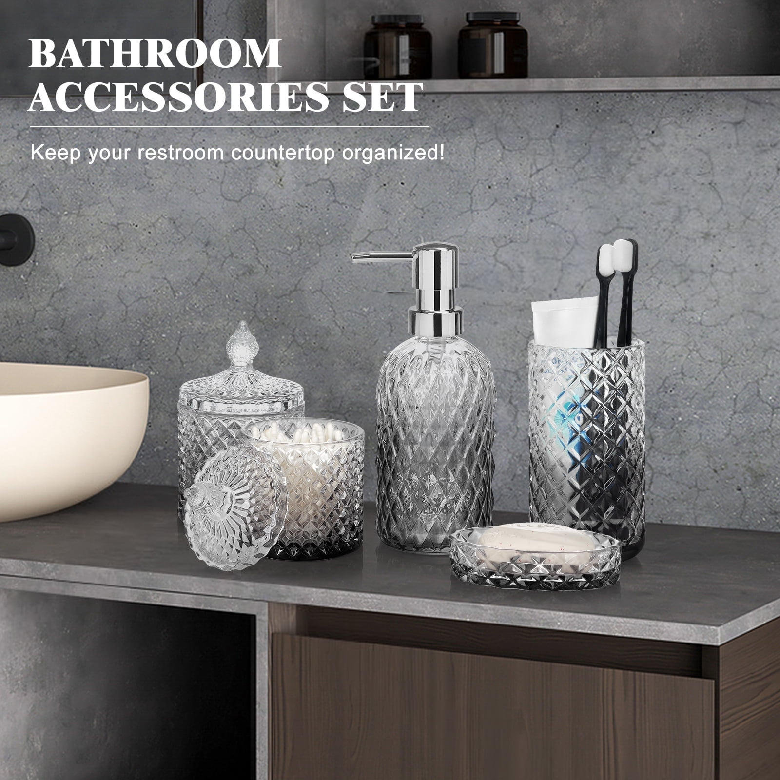Bathroom Soap Dispenser Set, 5-Piece Glass Bathroom Accessories, Modern Bathroom Decor, Bathroom Glass Accessories Set, Gradient Light Gray