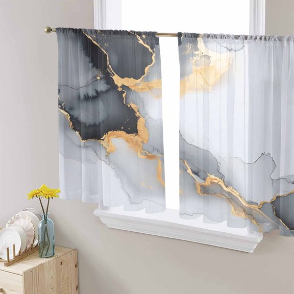 Grey White Marble Semi Sheer Curtains 54 Inch Length 2 Panels Set, Ink Painting Modern Abstract Sheer Kitchen Curtain Privacy Voile Window Curtain for Living Room Bedroom Rod Pocket Drapes