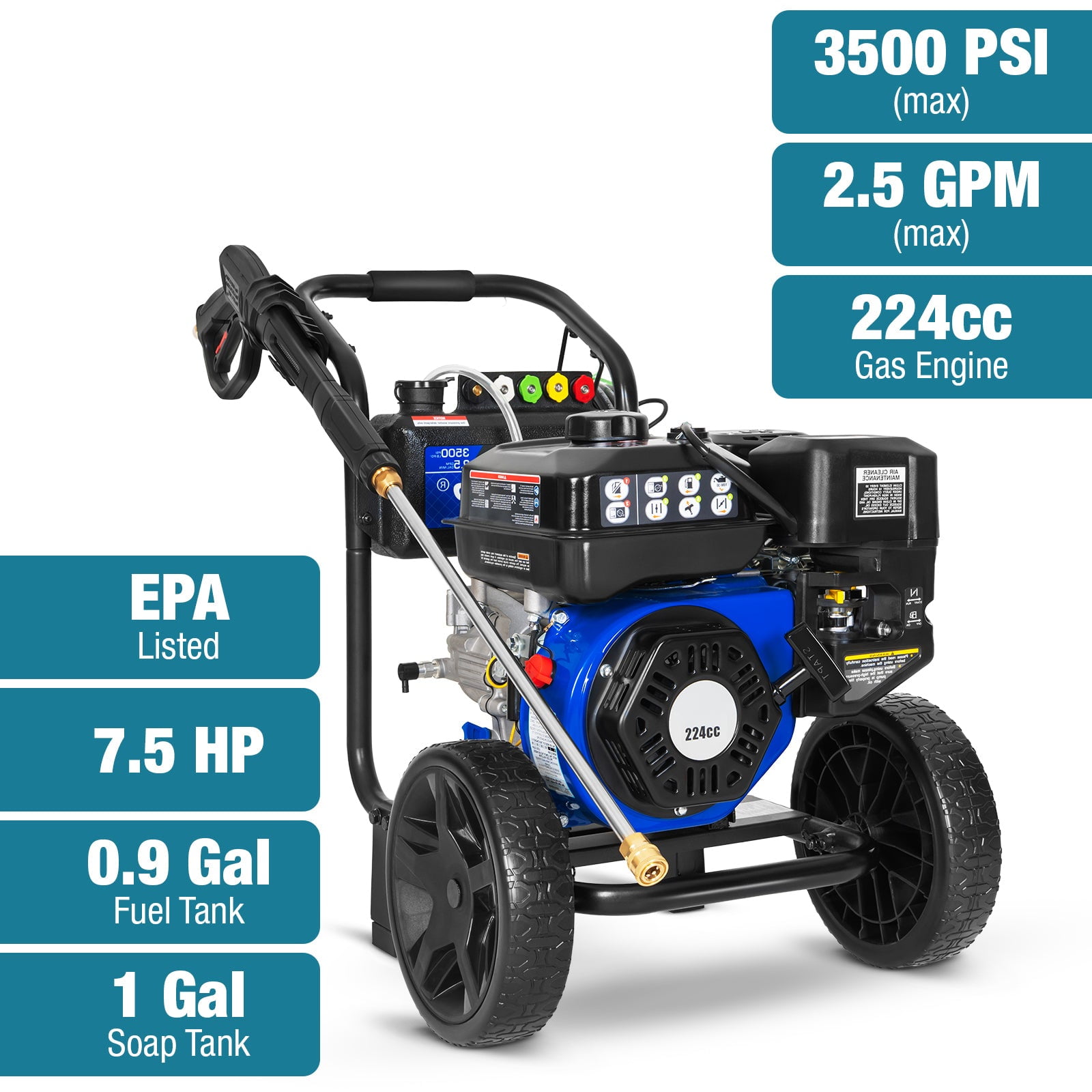 ANLIBATT Gas Pressure Washer 3500 PSI 2.5 GPM 224cc Engine 5 Quick-Adjustable Nozzles for Gardens, Household, Cars, Patios, Driveways