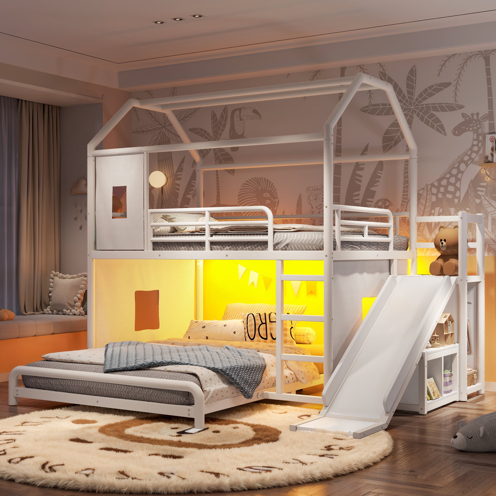 Leumius Full over Full Playhouse Metal Bunk Bed with Slide & Ladder, House Shaped Bunk Bed with LED Light Strip, Privacy Curtain, Movable Storage Cabinet and Hanging Rod for Bedroom White