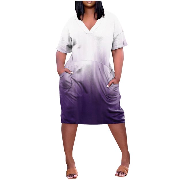 Robes pour Femmes Mode Imprimée Col en V Confortable Manches Courtes Longueur Genou avec Poches Robe de Printemps Violette L