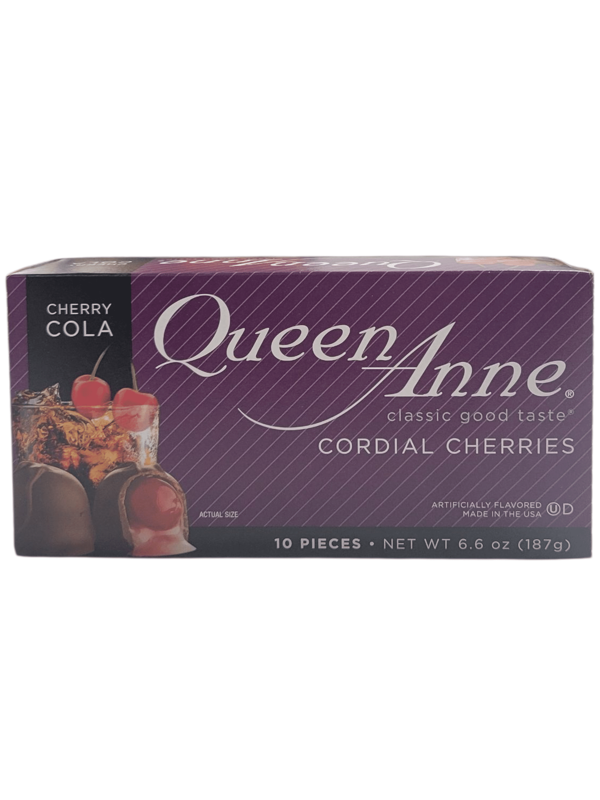 Queen Anne Cordial Blueberries (10 Pieces), and Cordial Cherries in Cherry Cola (10 Pieces), French Vanilla (10 Pieces), and Dark Chocolate with Coconut (10 Pieces)