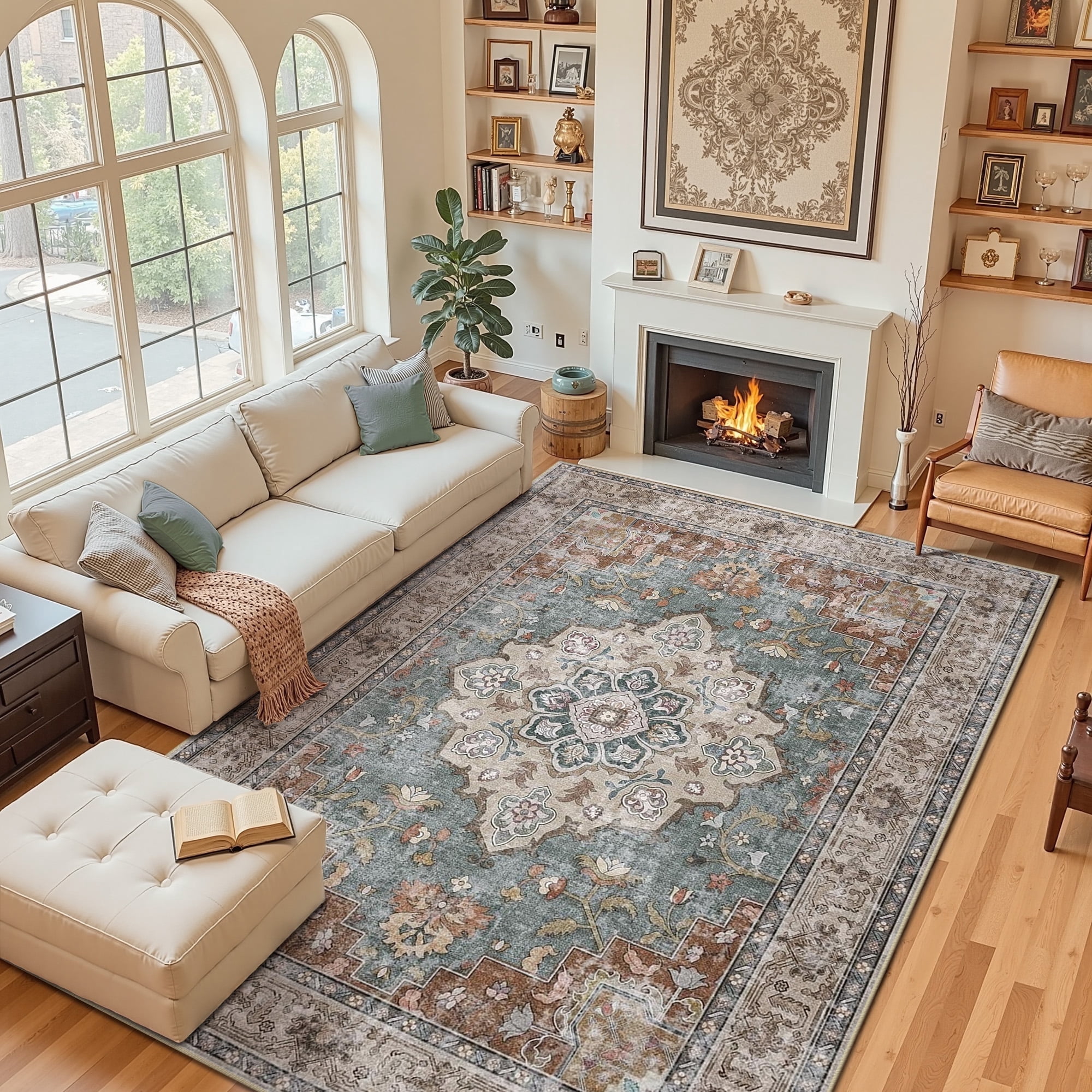 NewBuros 9'x12' Area Rugs, Machine Washable Non Slip Rugs for Living Room, Low Pile Water Repellent Soft Vintage Print Pattern Bedroom Carpet, Brick & Green