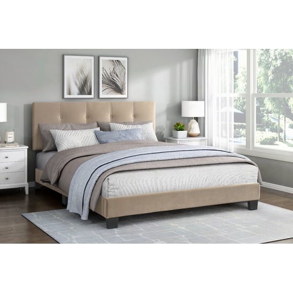 1pc Queen Size Platform Bed in Light Brown Velvet, Featuring Adjustable Headboard (Solid Wood)