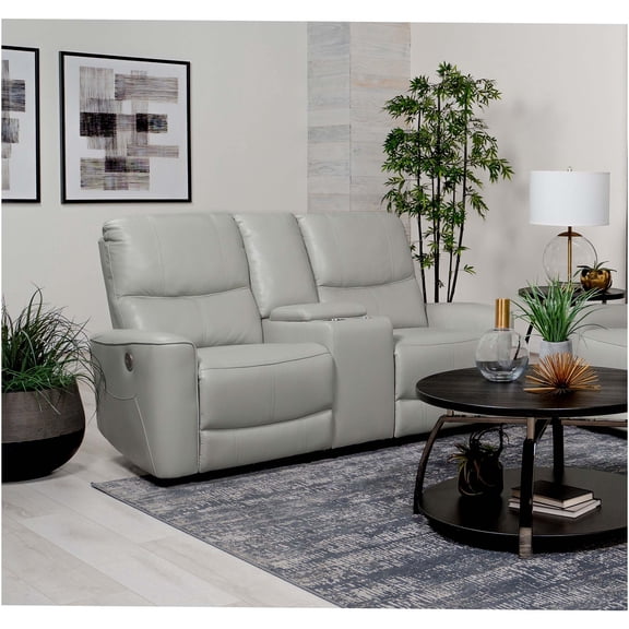 JERFIT Modern Power Reclining Loveseat with USB Charger, Cup Holders & Storage Console, Upholstered in Dove Grey Leatherette for Living Room