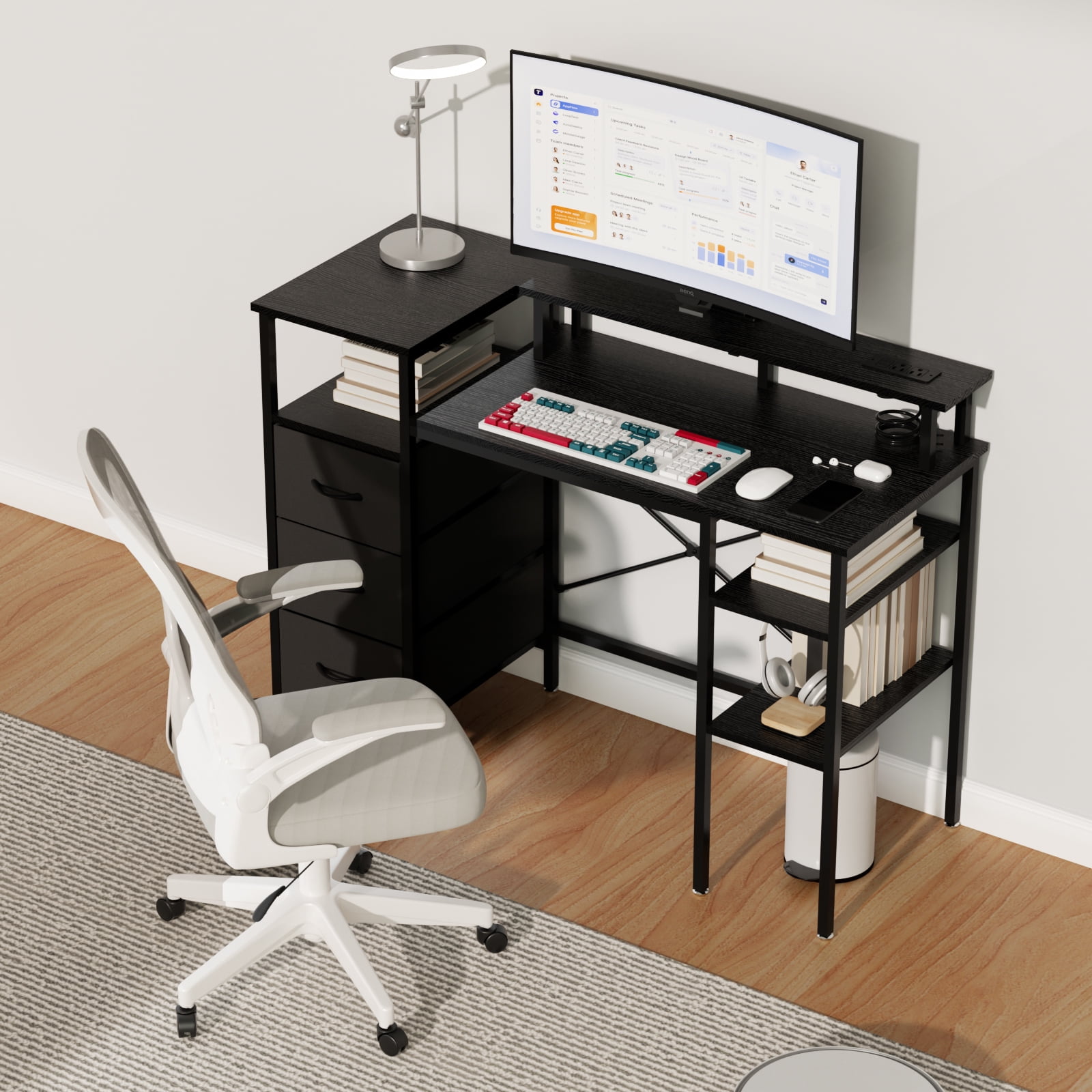 Ktaxon L-Shape Computer Desk with Charging Station 47 Inch Gaming Desk Concer PC Laptop Table with Drawers & Storage Shelves Workstation, Black