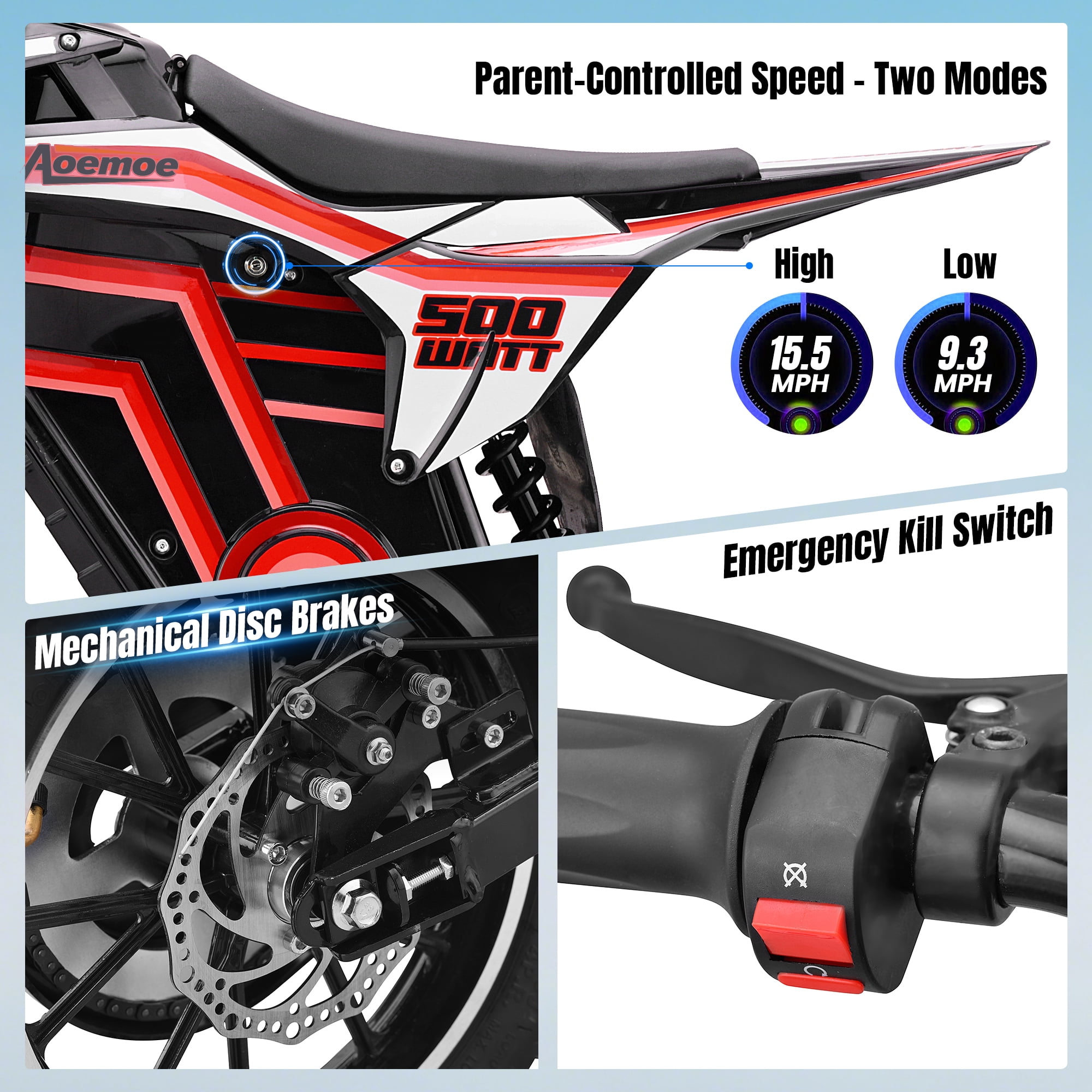 Aoemoe Motorcycle, Motorized Dirt Bikes for kids 8-14, 36V 500W – 15 MPH Top Speed, Dual Suspension, Red