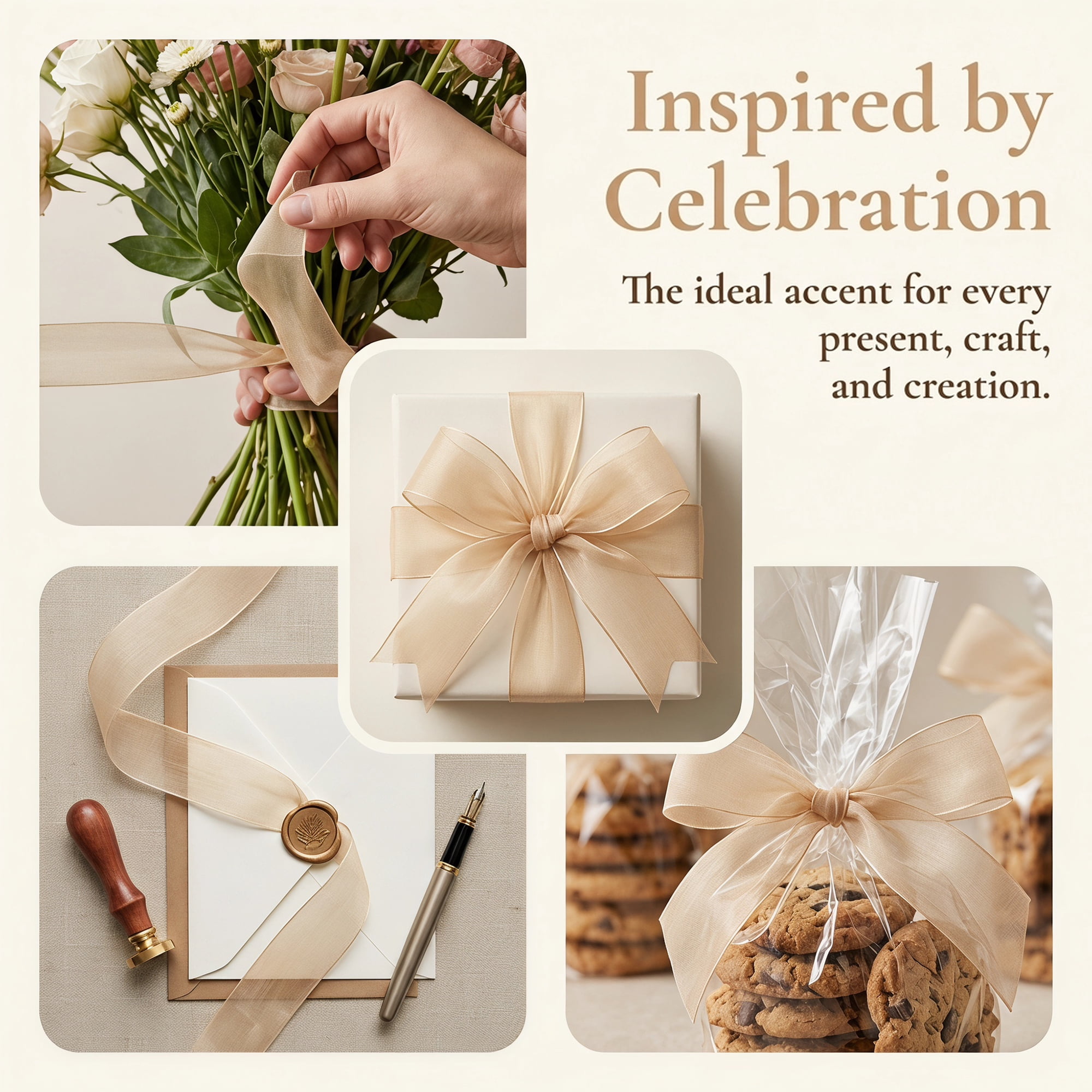 Unique Bargains Wide Matte Decorative Ribbon Champagne 5.5 Yard
