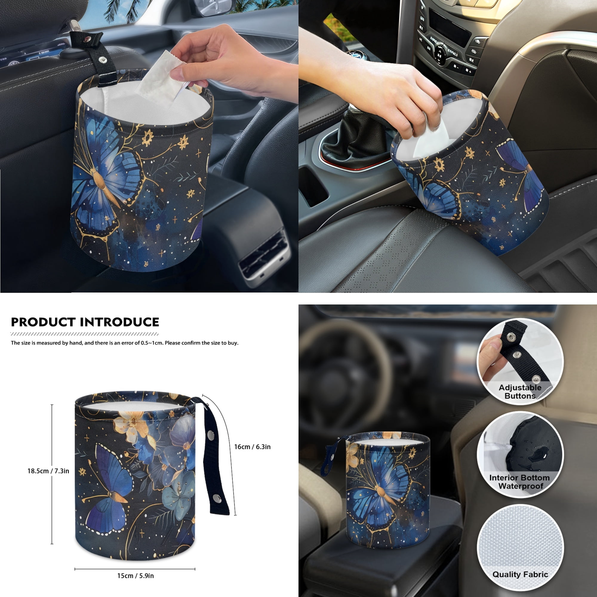 Yuyamidu Blue Butterfly Car Seat Cover Set of 14 Fashion Steering Wheel Cover Seat Belt Cover Garbage Bin Armrest Cover Rearview Mirror Cover Cup Mat Gear Shift Knob Cover Handbrake Cover