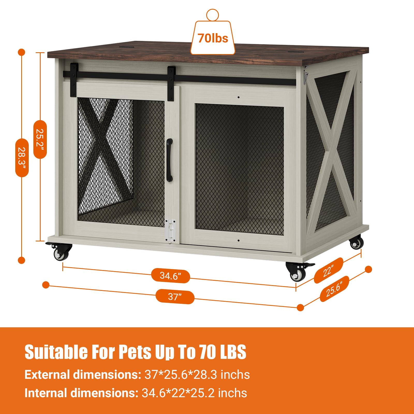 37" Dog Crate Furniture with Sliding Barn Door,Dog Kennel Indoor with Flip Top,Wheels and Removable Divider,Wooden Dog Cage Furniture for Medium Dogs,Large Corner Dog Crate Table Dog Crate End Table