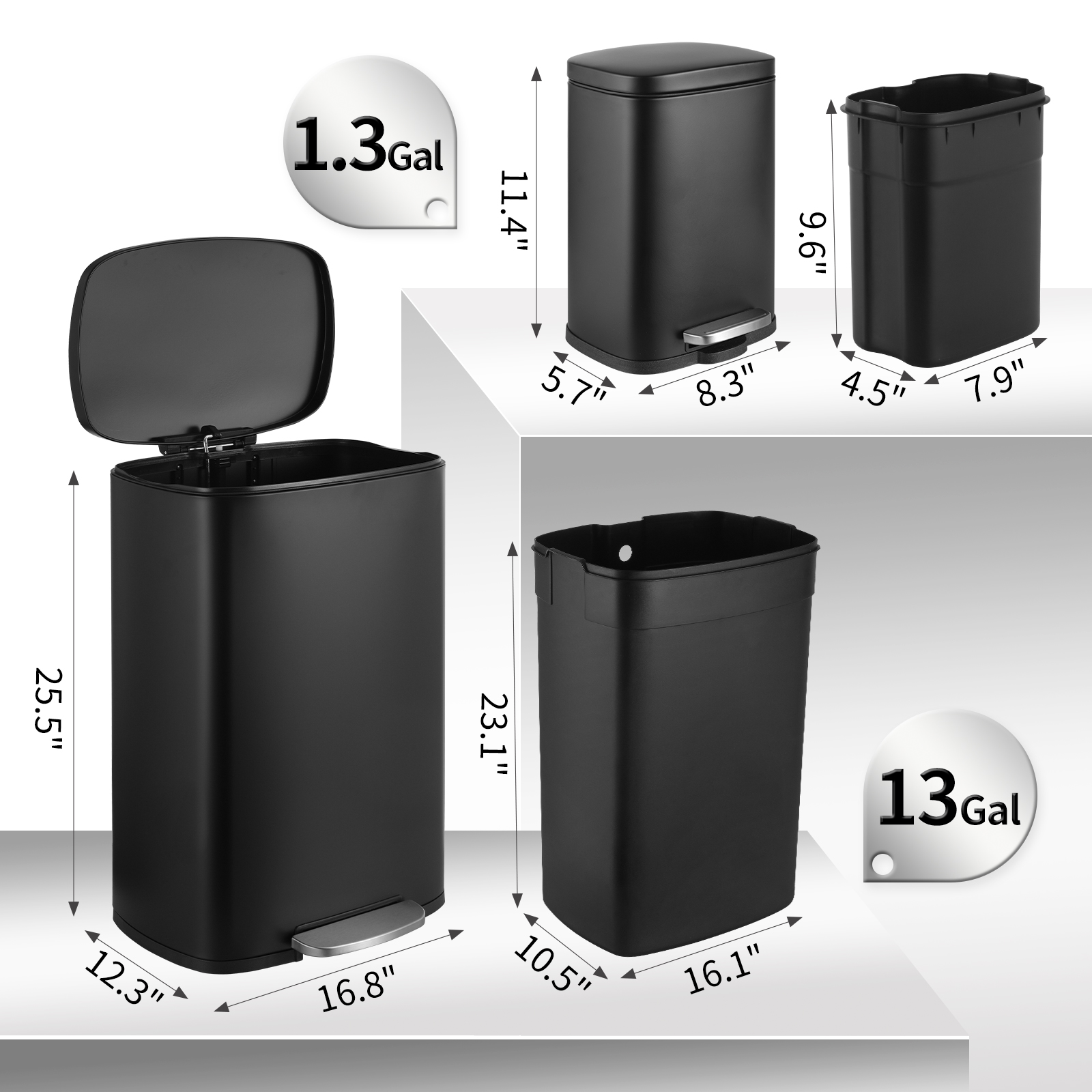 TLSUNNY 13.2+1.3 Gal Trash Can Set, Stainless Steel Kitchen Garbage Can Combo with Soft-Close Lids, Inner Bucket, Foot Step