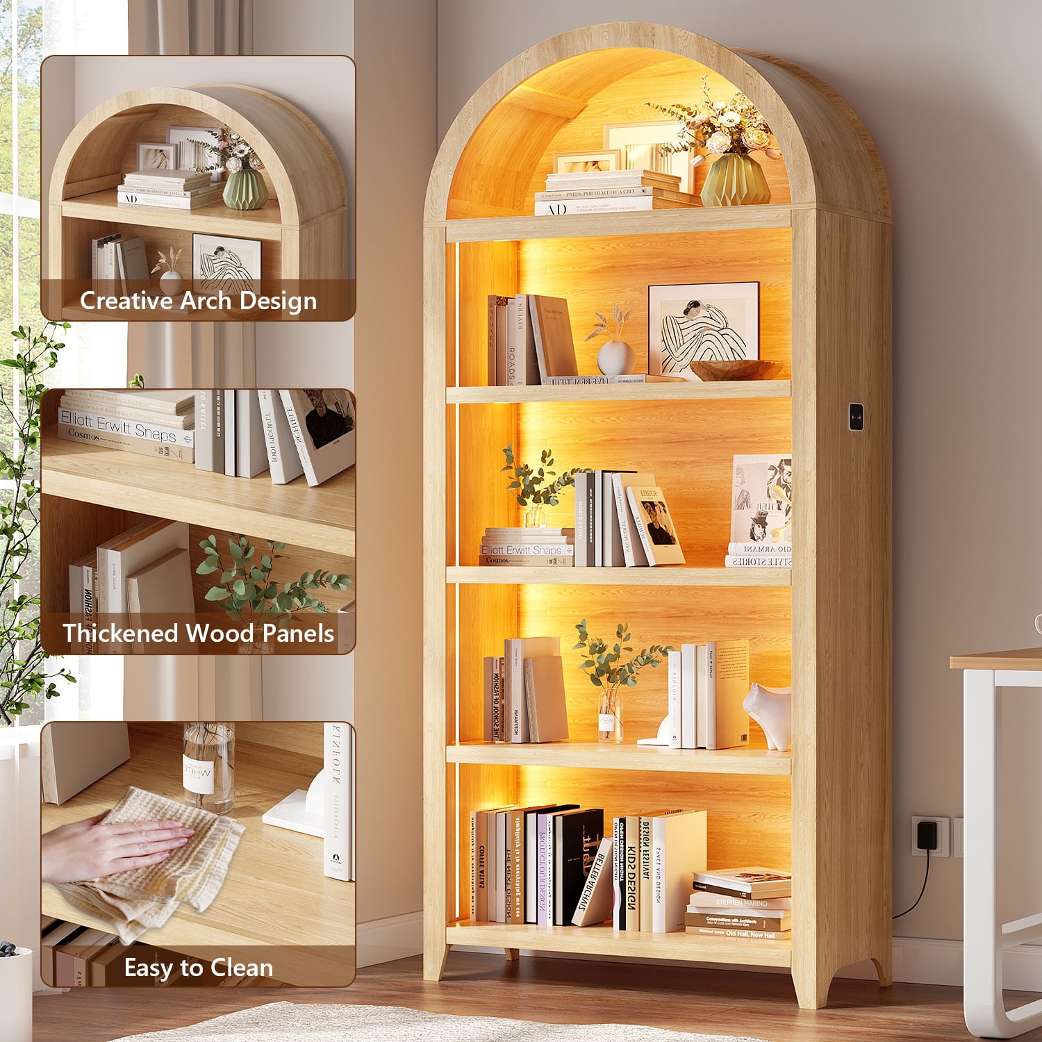 VKCC 68.9" Arched LED Bookcase with 5 Shelves, Modern Bookshelf for Living Room Office, Wood