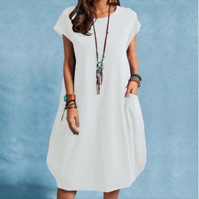 Fankiway Mode Femmes Été Robe Courte à Manches Courtes Unie avec Poche Décontractée Col Rond Robes Grande Taille pour Femmes Rondes Robes de Printemps pour Femmes 8507