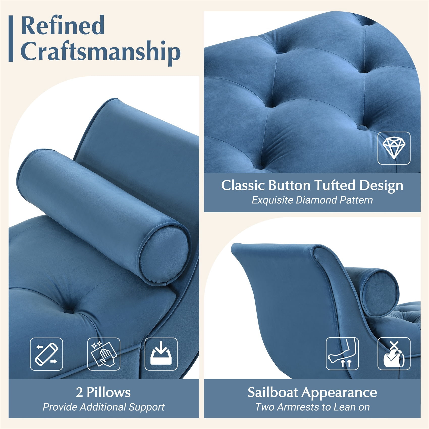 Alvantor Button Tufted End of Bed Benches Velvet Upholstered Bench with Pillows for Bedroom,Living Room, Entryway Blue