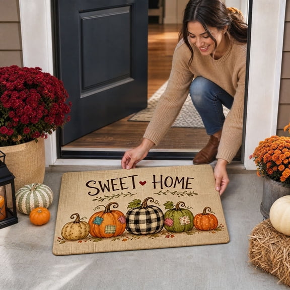 Fall Pumpkin Welcome Door Mat, Autumn Thanksgiving Welcome Front Door Mat Indoor Outdoor Entrance, Fall Pumpkin Artificial Doormats Rugs for Porch Entryway Decor 23.6x15.7in