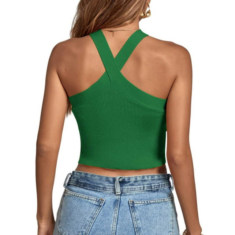 YYDGH Women's Criss Cross Halter Crop Top Ribbed Knit YYDGH Women's Criss Cross Halter Crop Top Ribbed Knit
