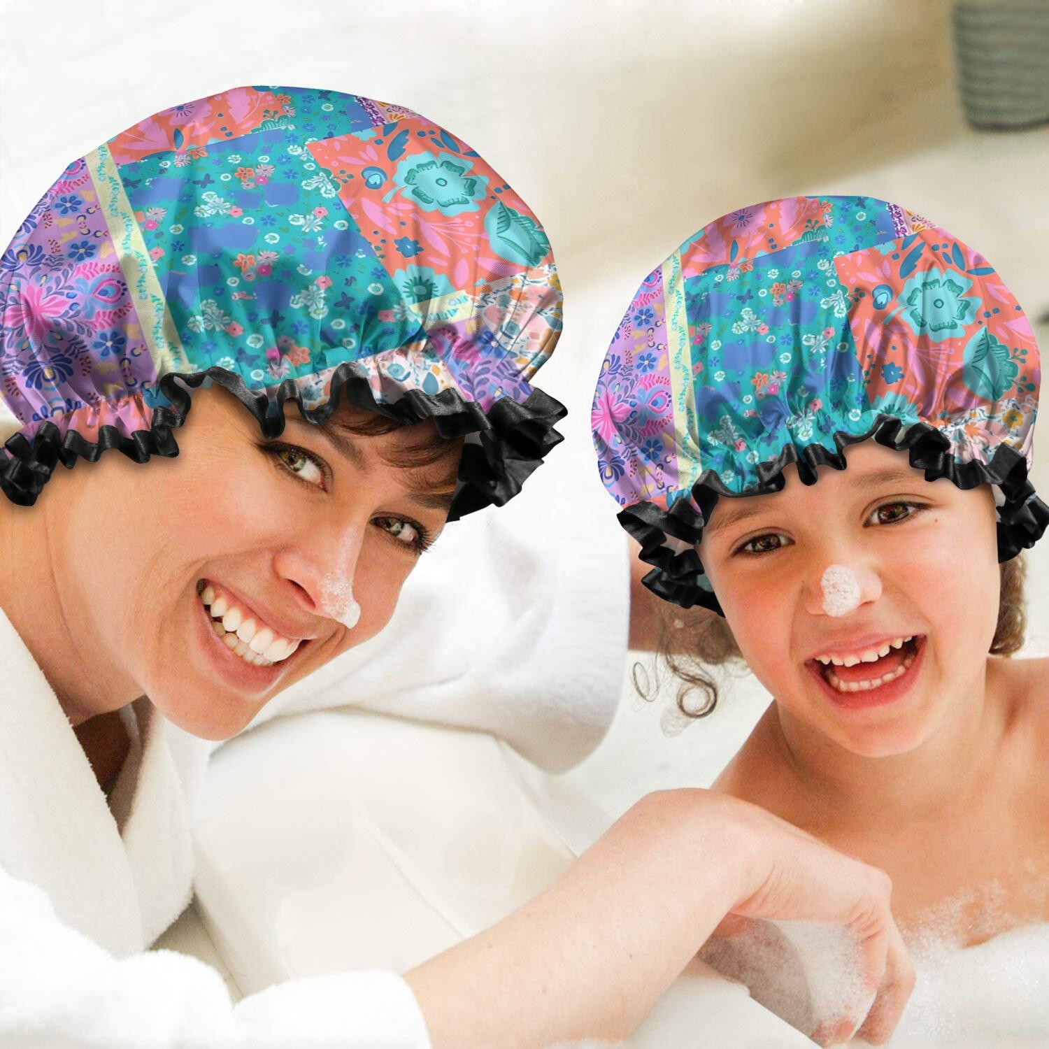 Shower Caps,Multicolor Ethnic Flower Patchwork Pattern Waterproof Shower Cap for Women 4 Pieces,Double Reusable Hair Cover for Shower PEVA Elastic Stretch Hem